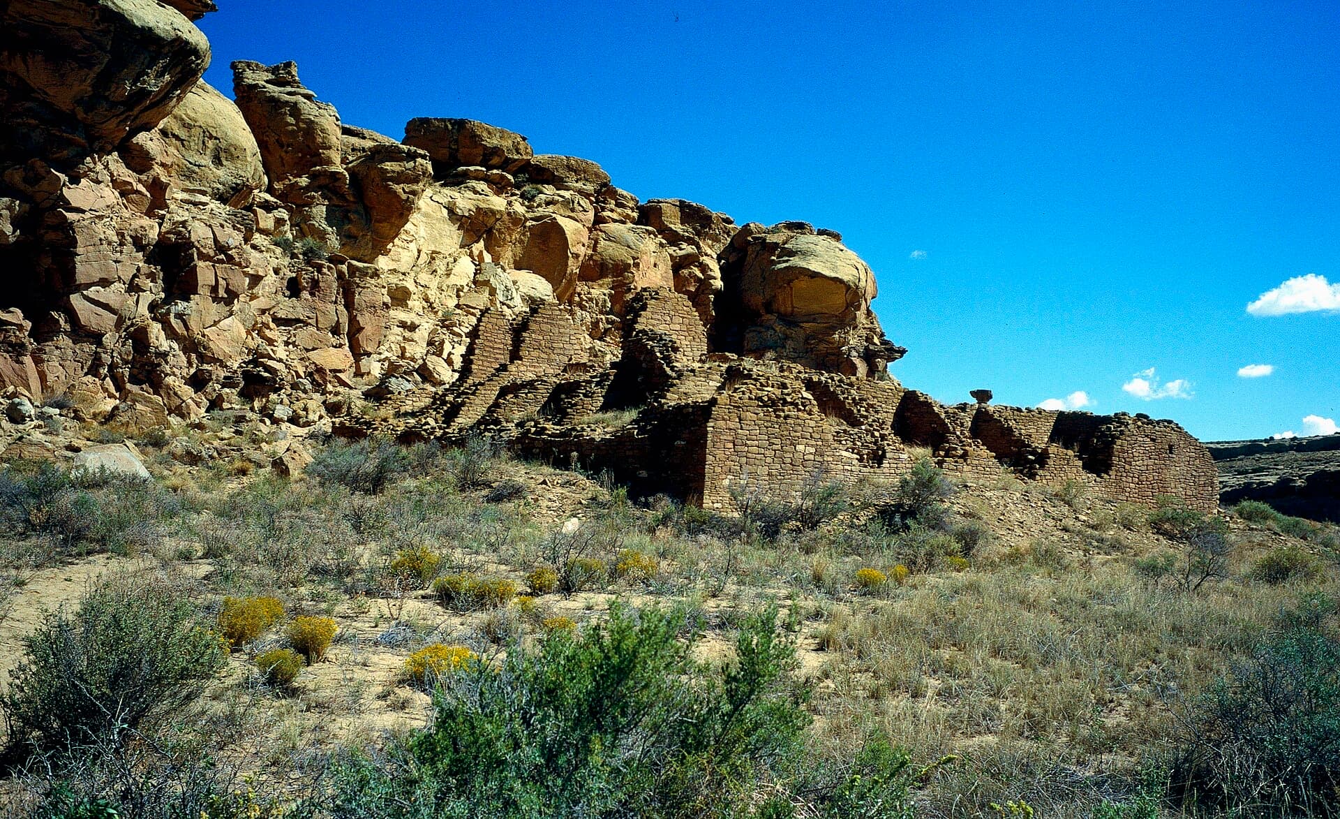 A small great house beneath a sandstone cliff, yellow desert flowers in the foreground