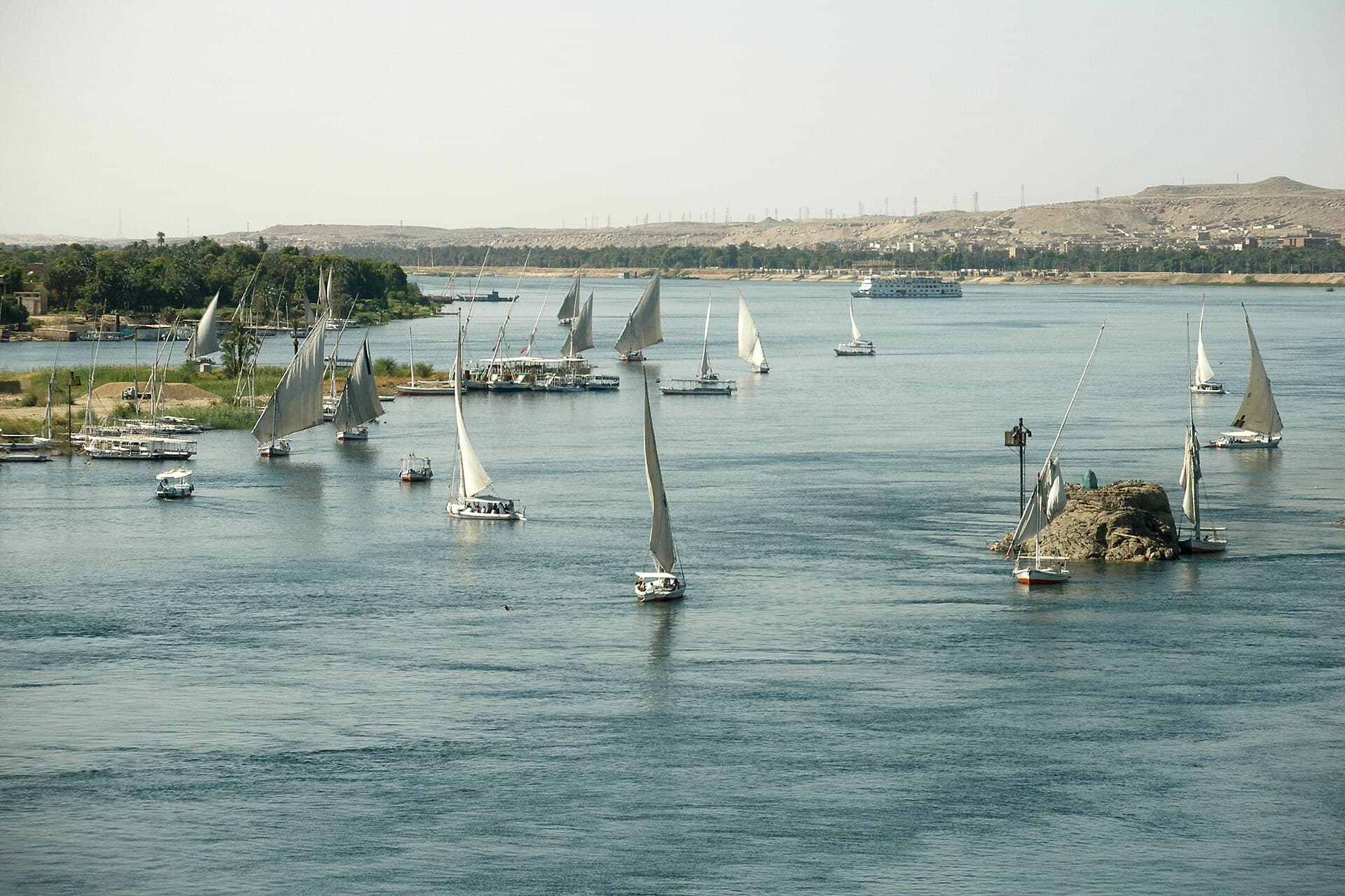White-sailed feluccas on the broad Nile
