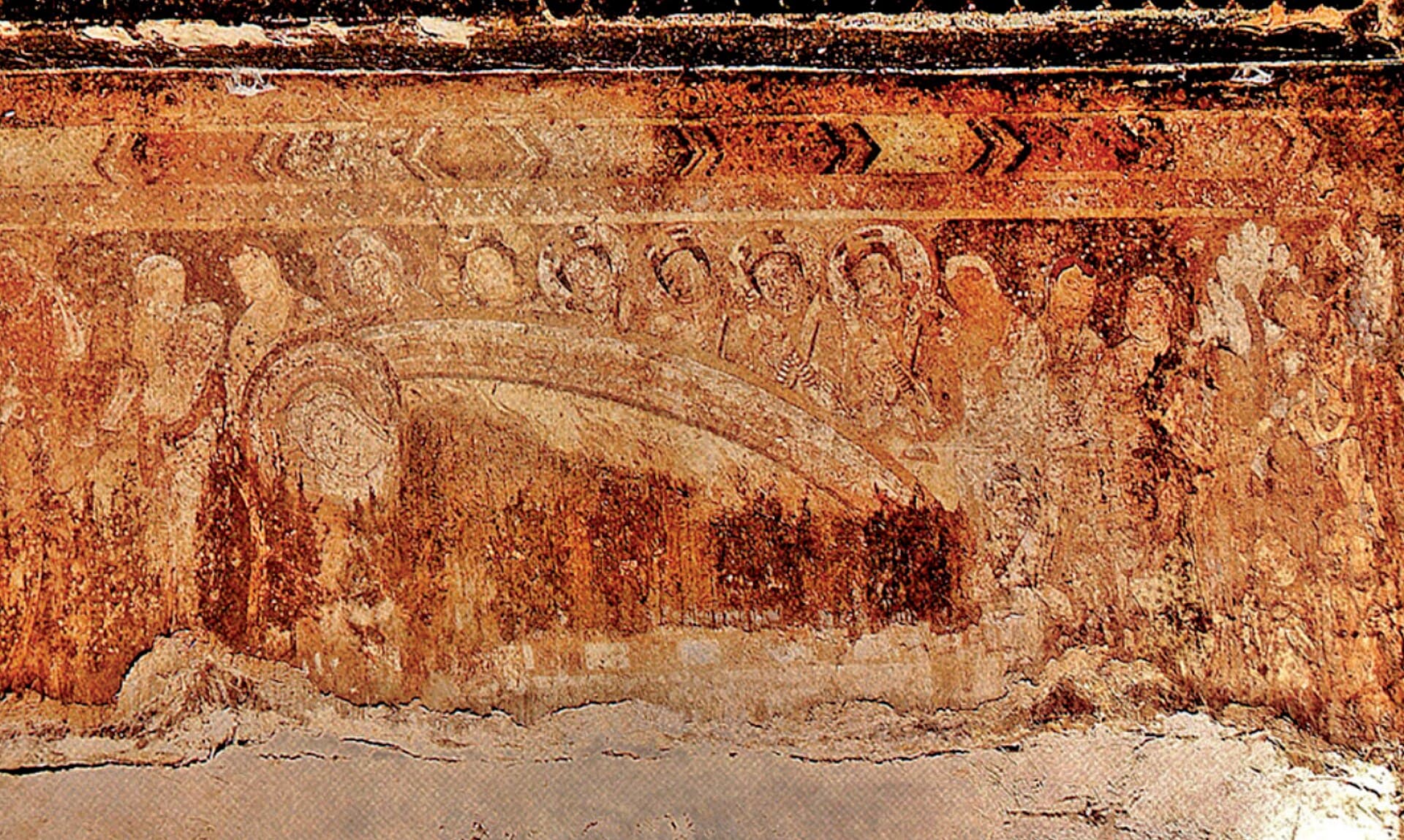 The parinirvana of the Buddha painted among gathered disciples in Kizil's Cave 161