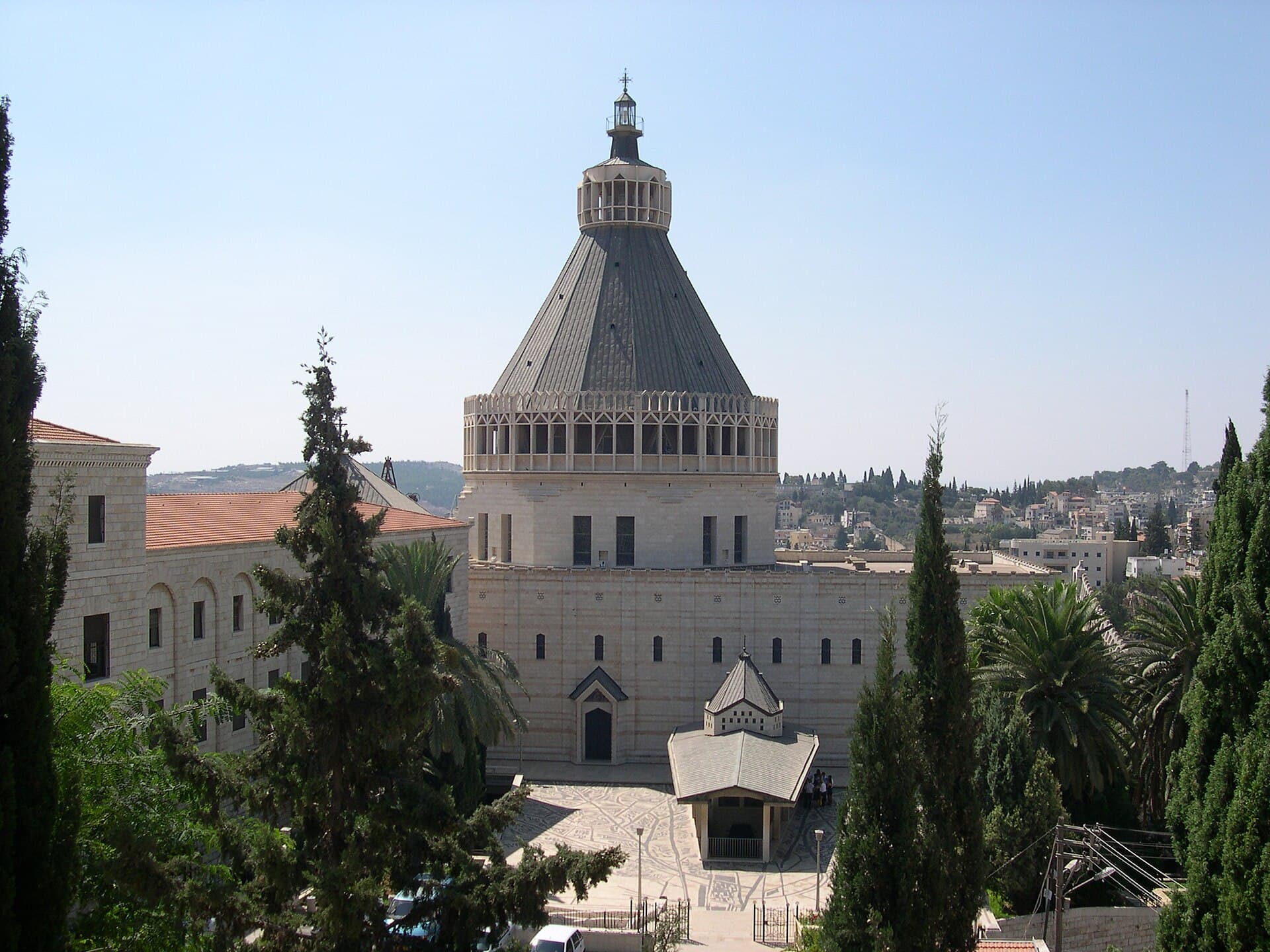 The conical dome of the Basilica of the Annunciation rising over the hills of Nazareth