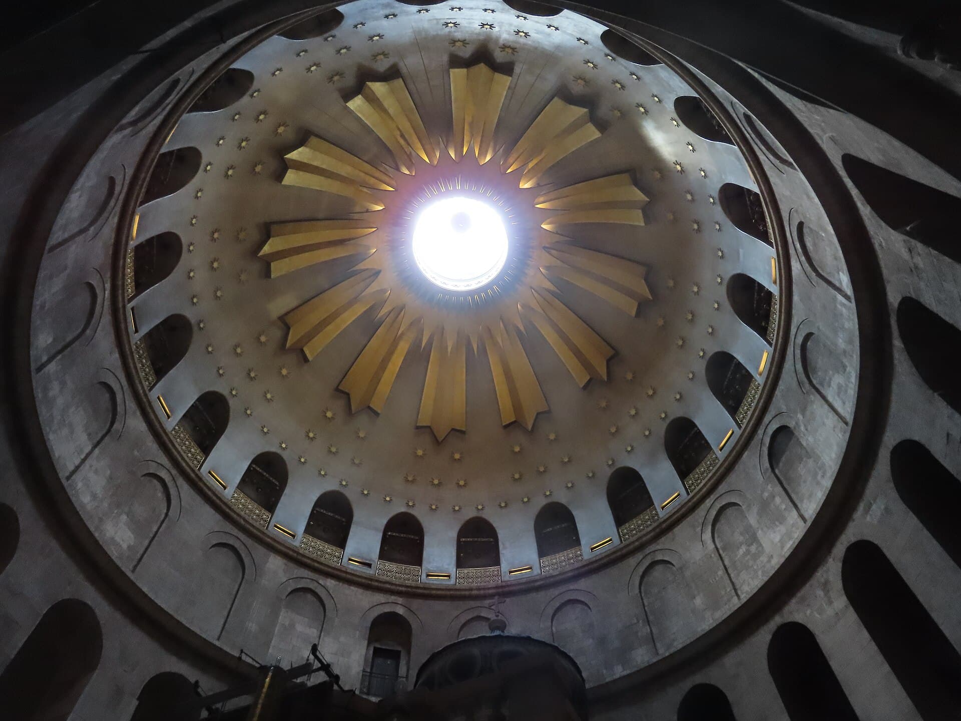 The dome of the Anastasis rotunda in the Church of the Holy Sepulchre, light pouring down