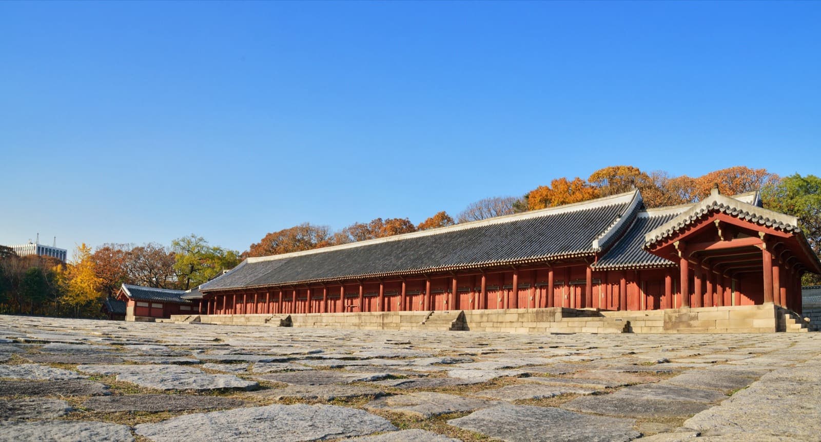 Jeongjeon, the main hall of Jongmyo, in autumn