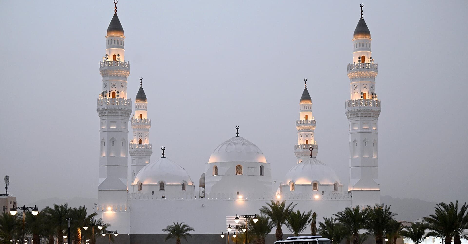 The white domes and four minarets of Quba Mosque among the palms