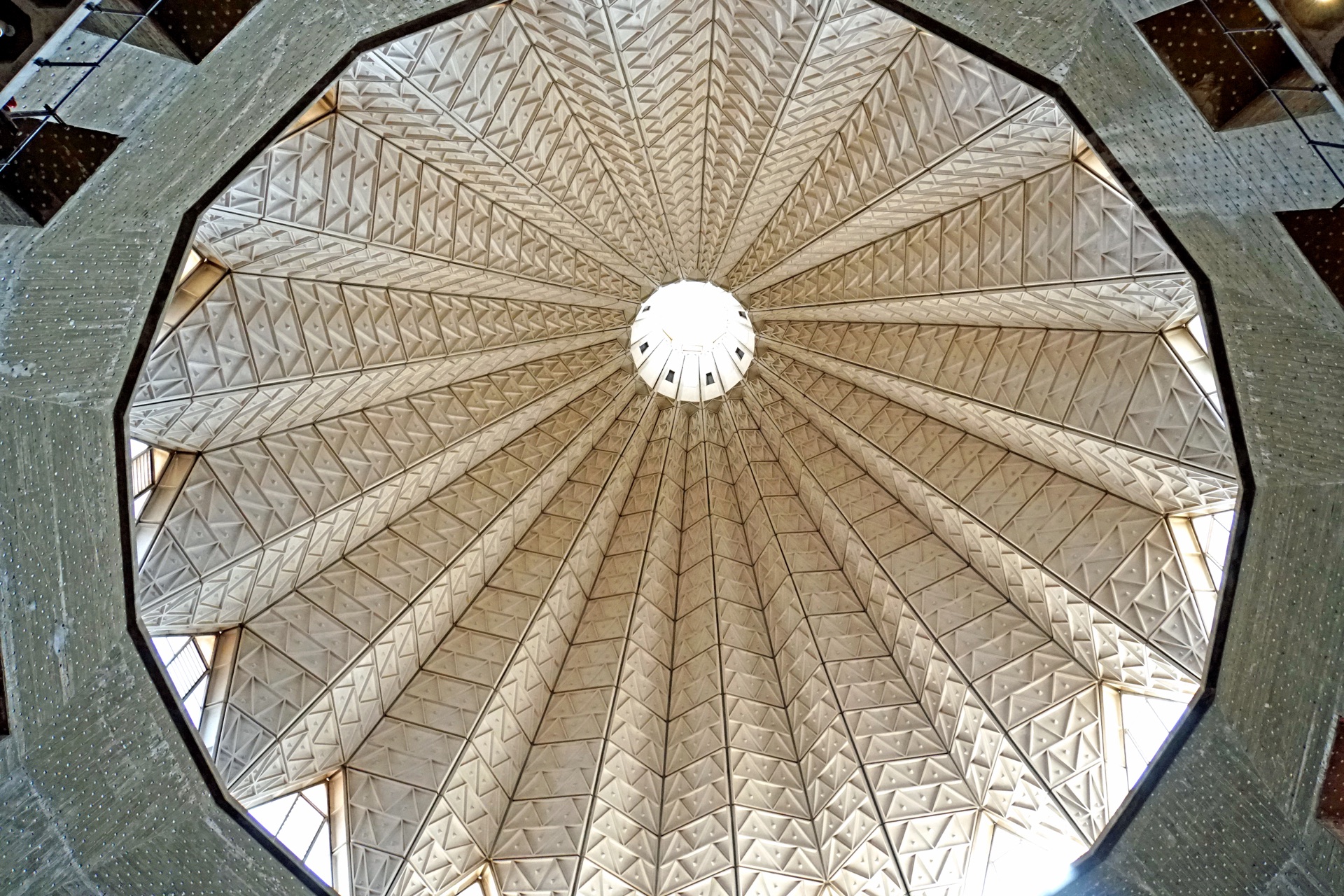 The interior of the Basilica of the Annunciation's cupola — an inverted lily