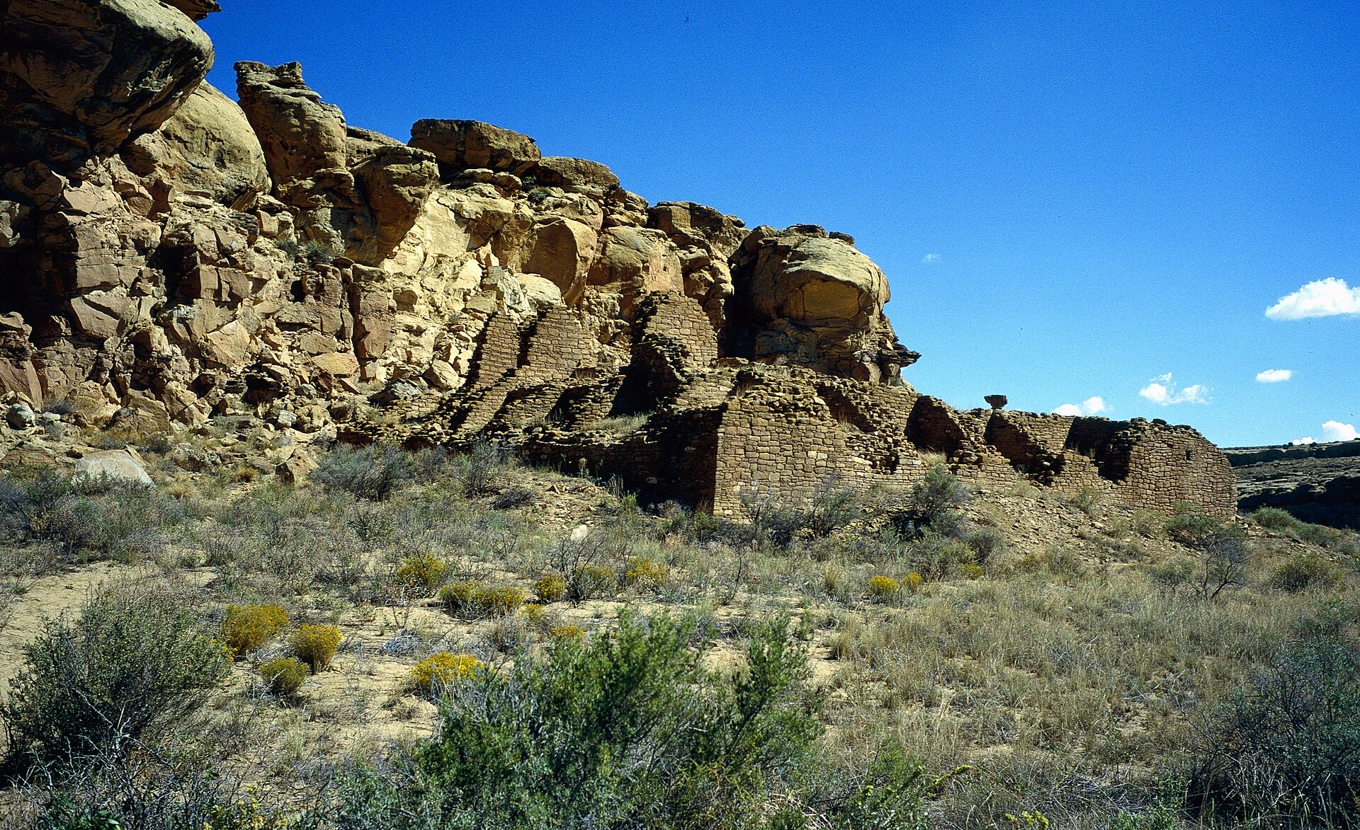 A small great house beneath a sandstone cliff, yellow desert flowers in the foreground