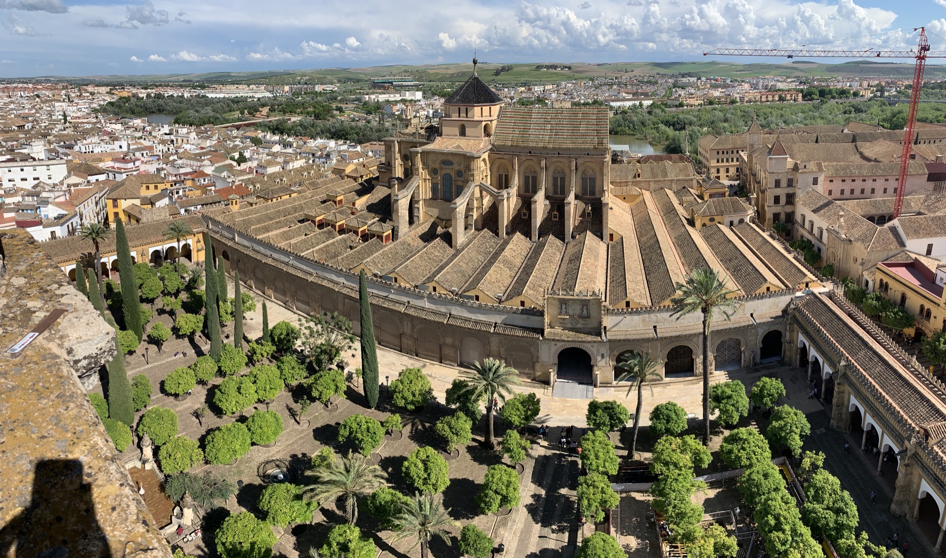 The whole mosque-cathedral and its orange-tree courtyard, seen from the bell tower