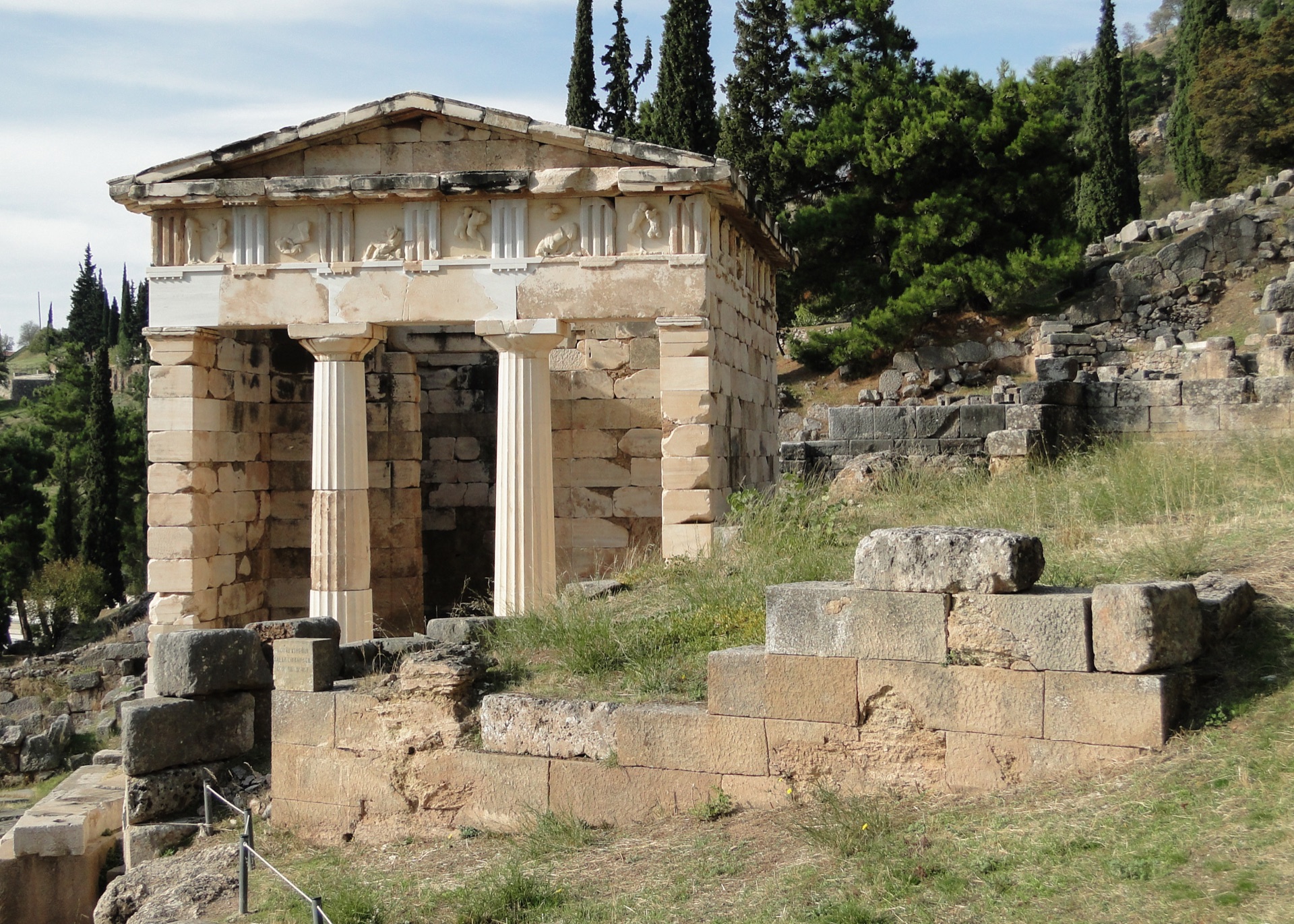 The reconstructed Treasury of the Athenians, a small Doric marble building