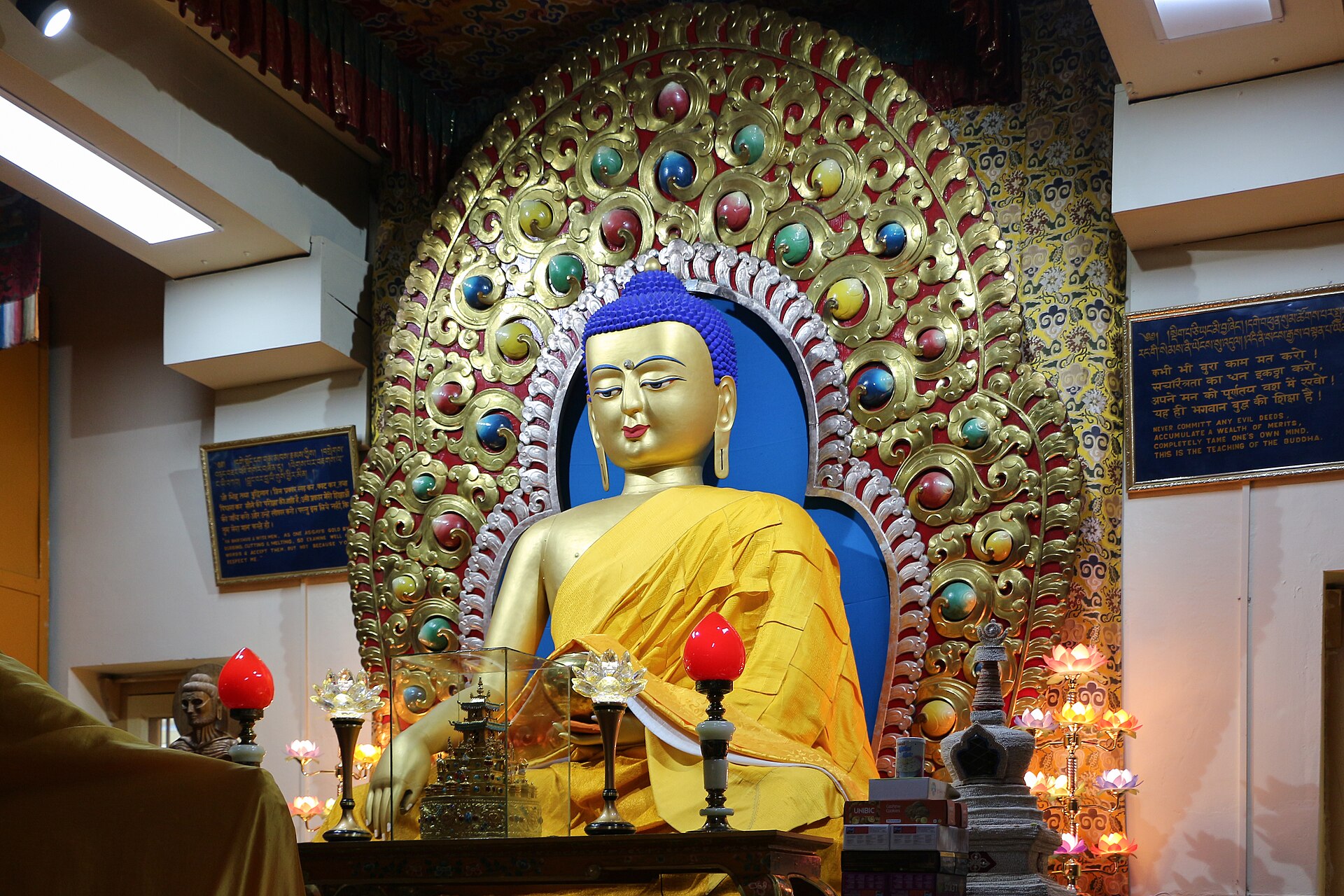 The principal Buddha of Namgyal Monastery within a golden halo