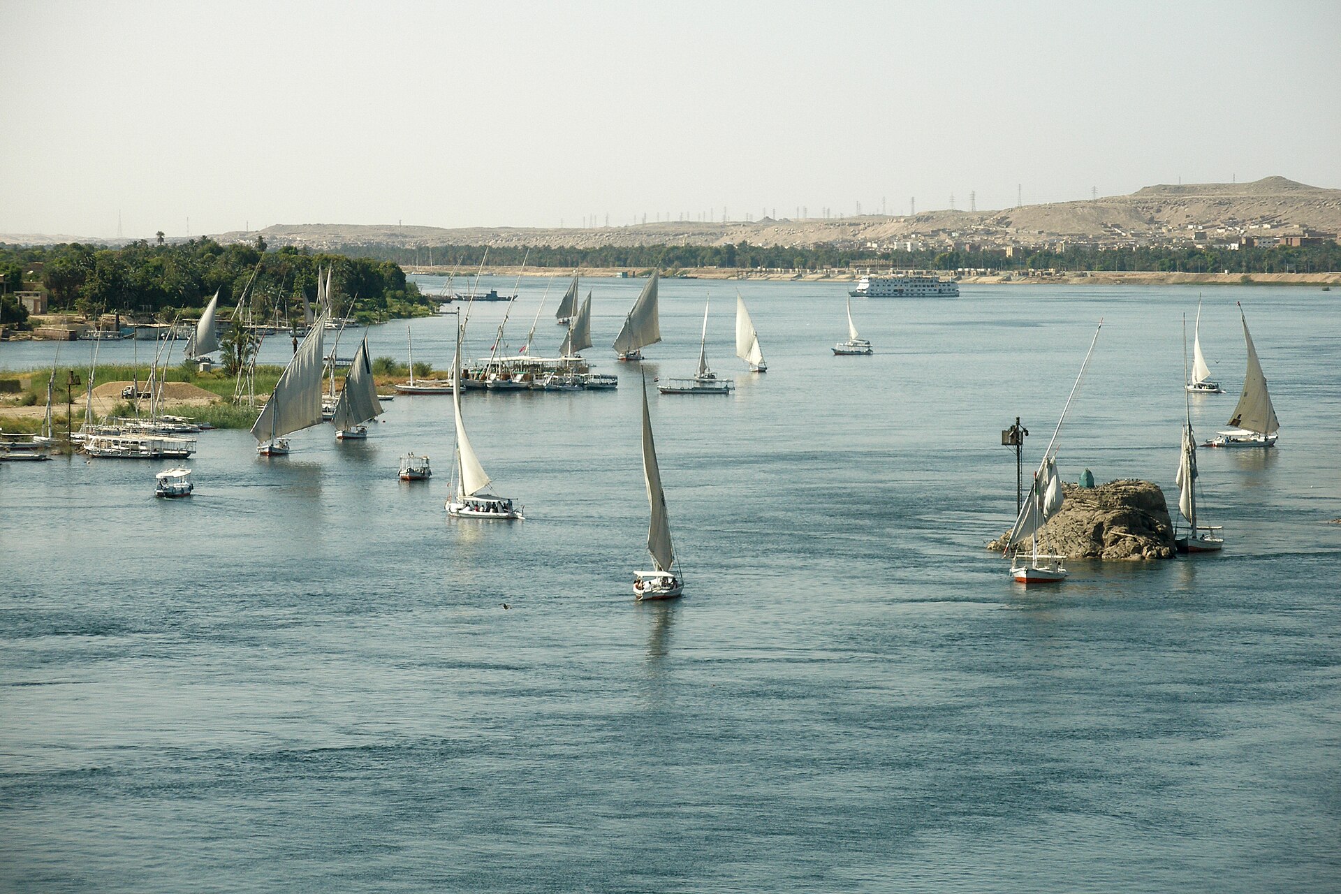 White-sailed feluccas on the broad Nile