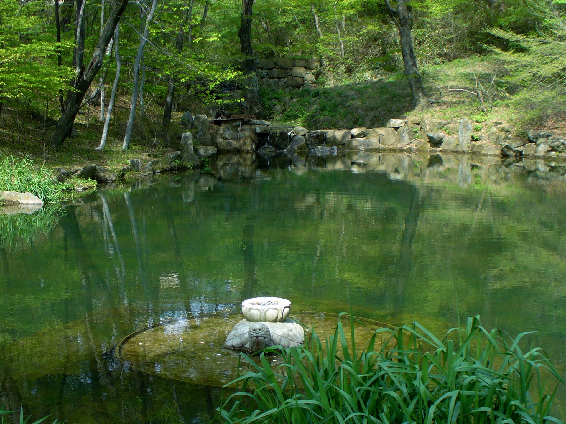 A clear pond of the mountain monastery, held by the forest