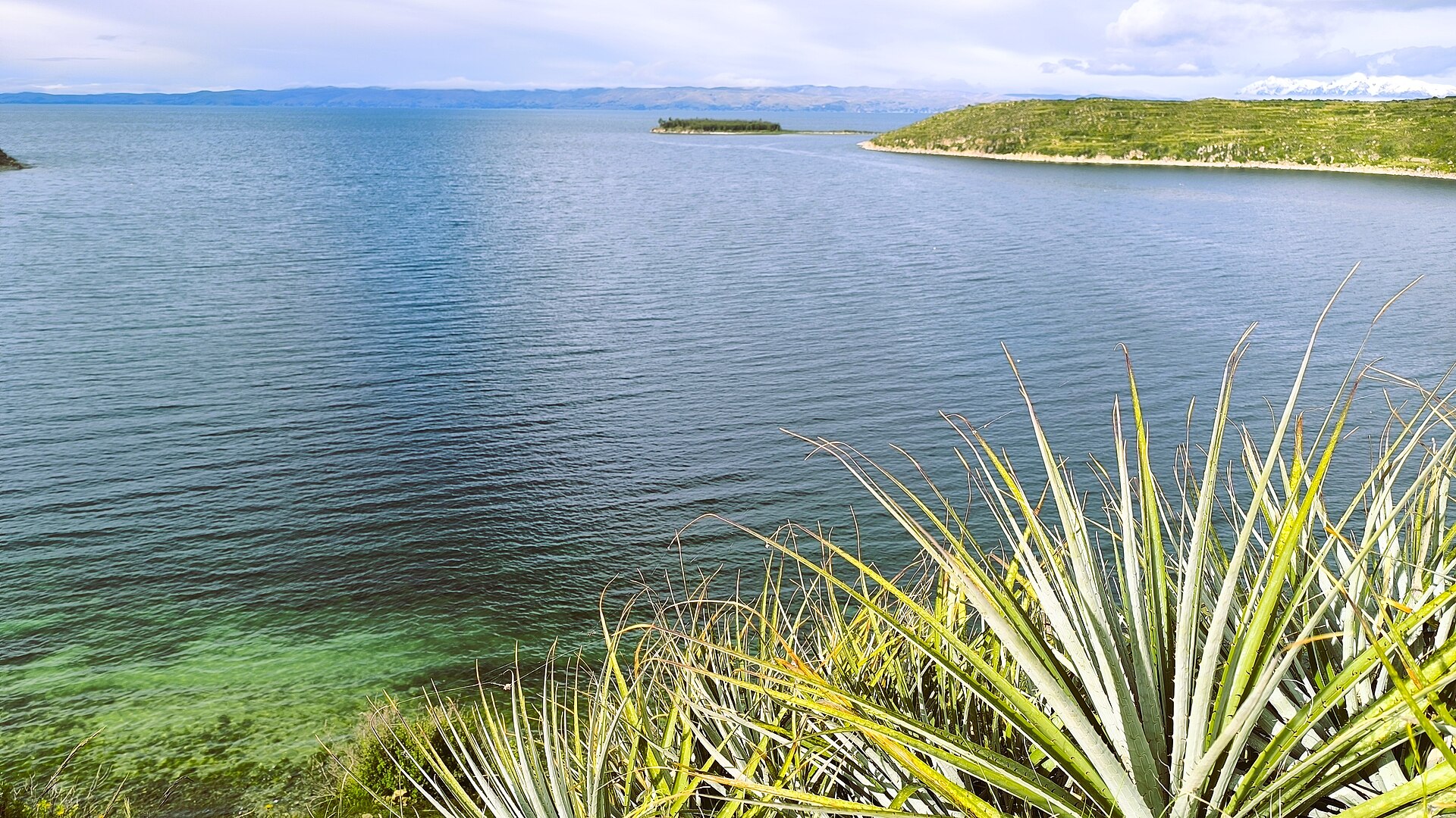 Lake Titicaca and snow-capped ranges seen from the island's north