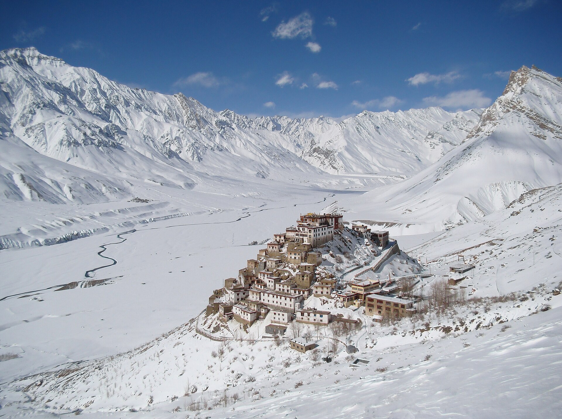 Key Monastery stacked in tiers over its hill in the snow-covered Spiti valley