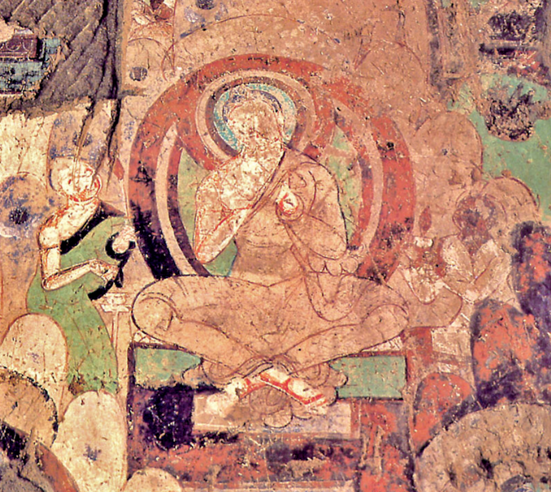 A seated Buddha haloed and ringed by diamond compartments in Kizil's Cave 196 mural