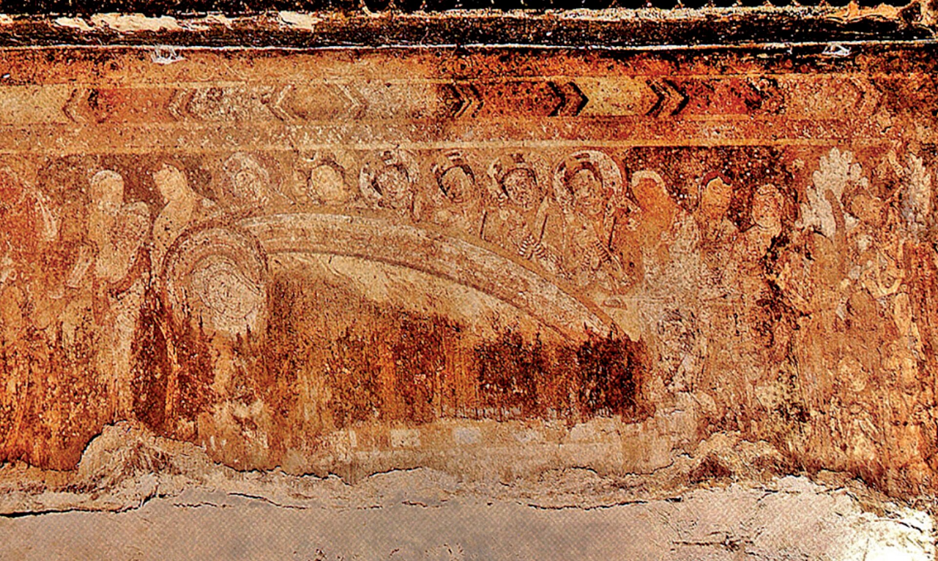 The parinirvana of the Buddha painted among gathered disciples in Kizil's Cave 161