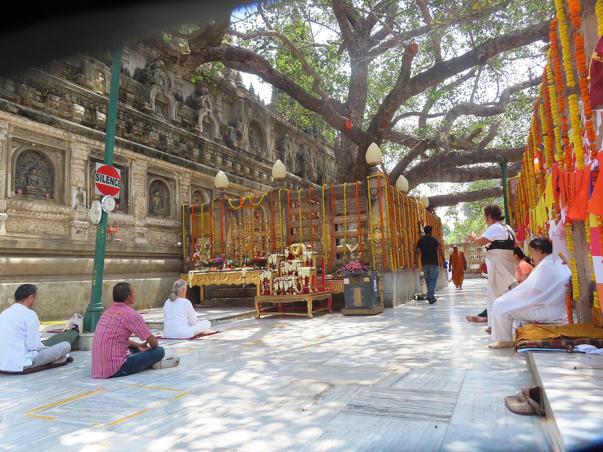 Golden Buddha statues beneath the Bodhi tree — the seat of awakening