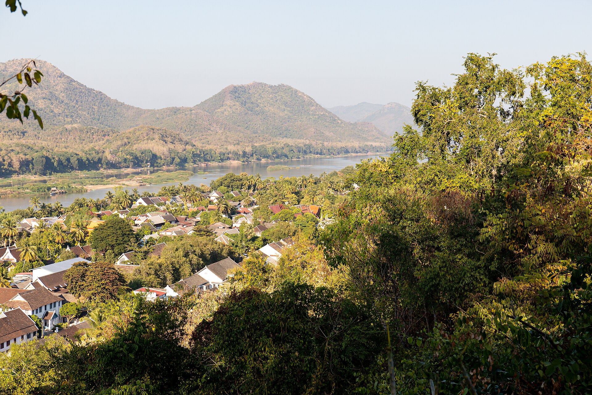 The Mekong and the red roofs of Luang Prabang seen through branches