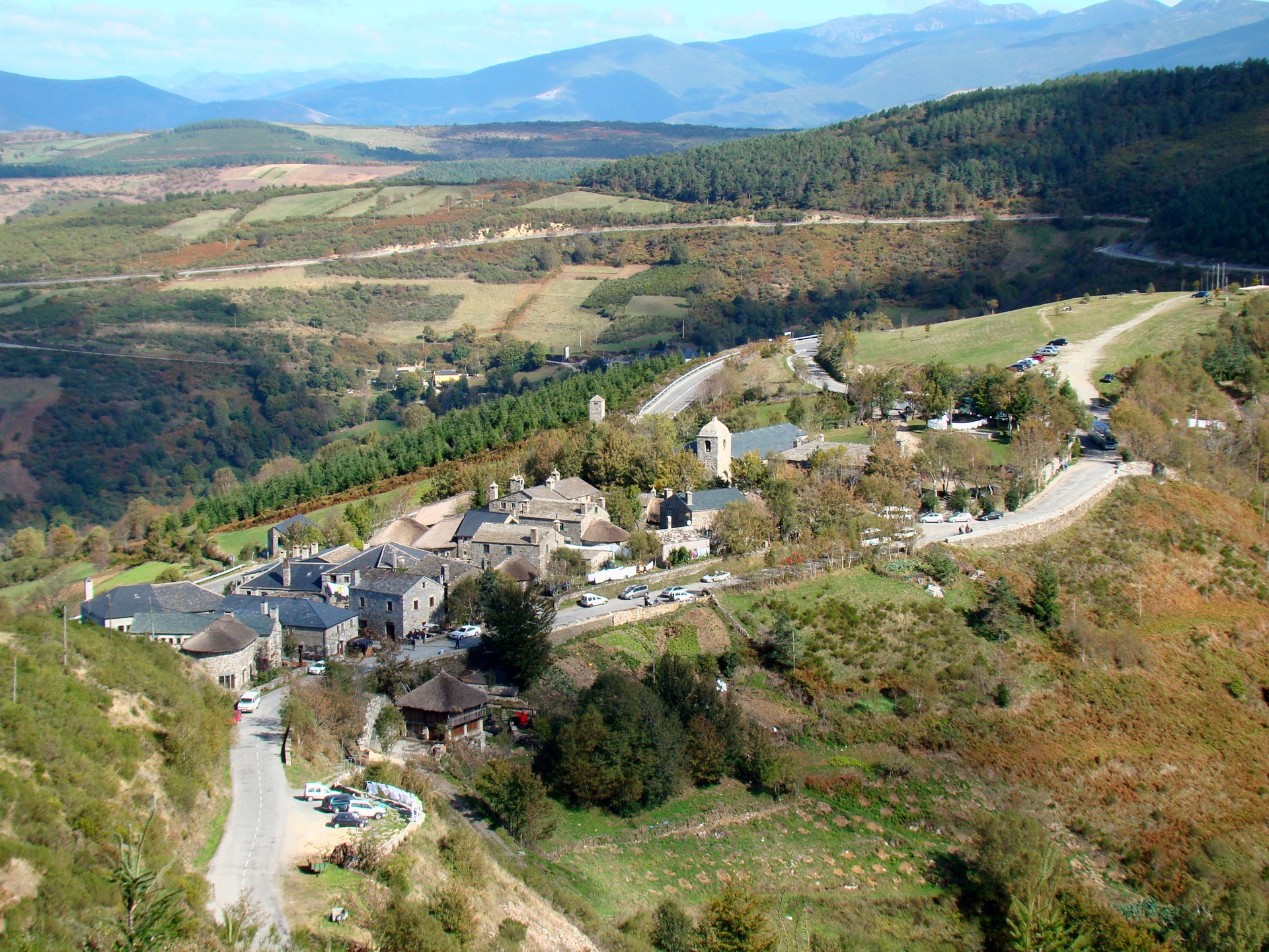 The village of O Cebreiro on its Galician ridge, its stone houses and round pallozas