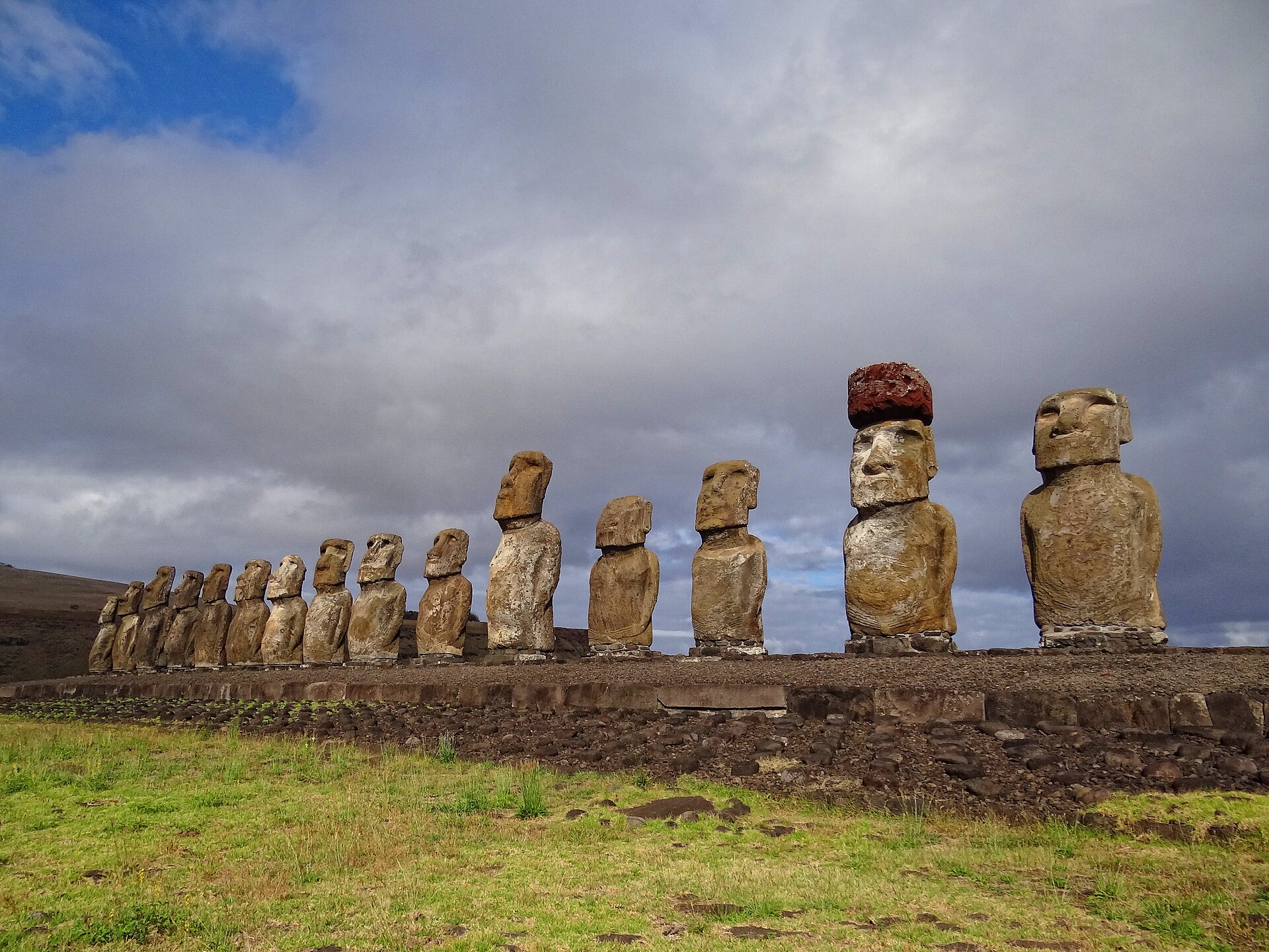 The row of moai at Tongariki seen from an angle