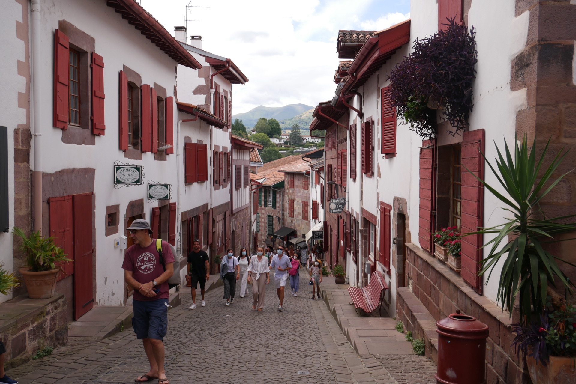 The cobbled rue de la Citadelle lined with white Basque houses, the Pyrenees beyond