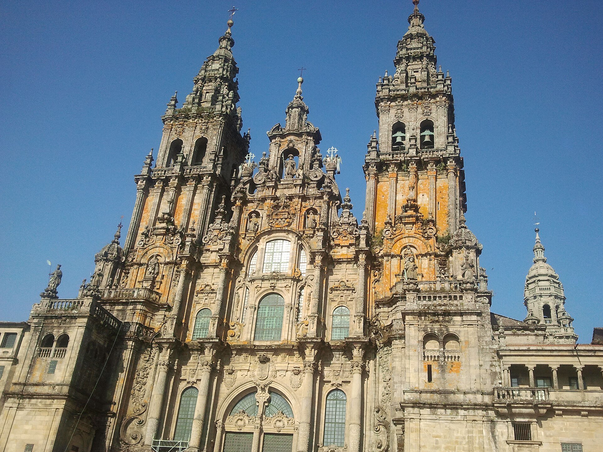 The Baroque facade of Santiago Cathedral seen from the Praza do Obradoiro