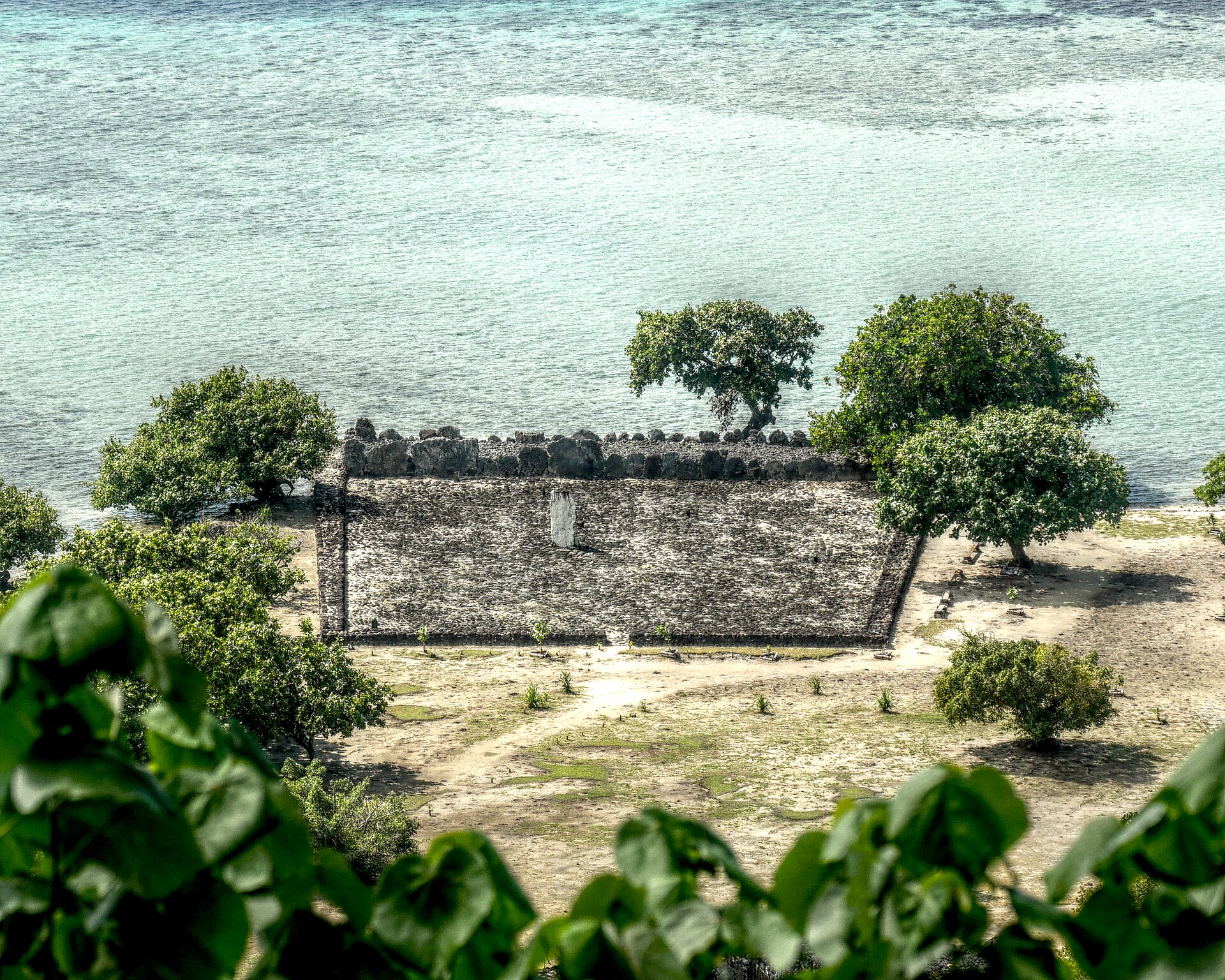 The marae beside the lagoon and reef, seen from above