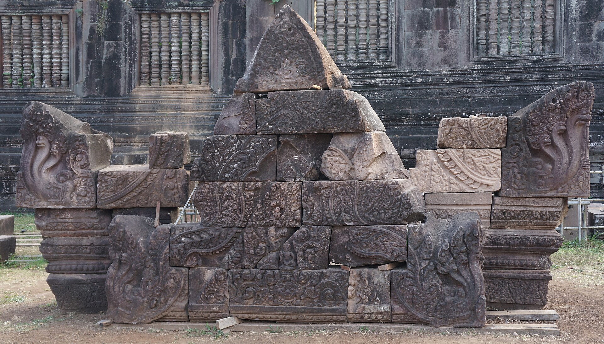 Carved pediments of Vat Phou with nagas and scrollwork